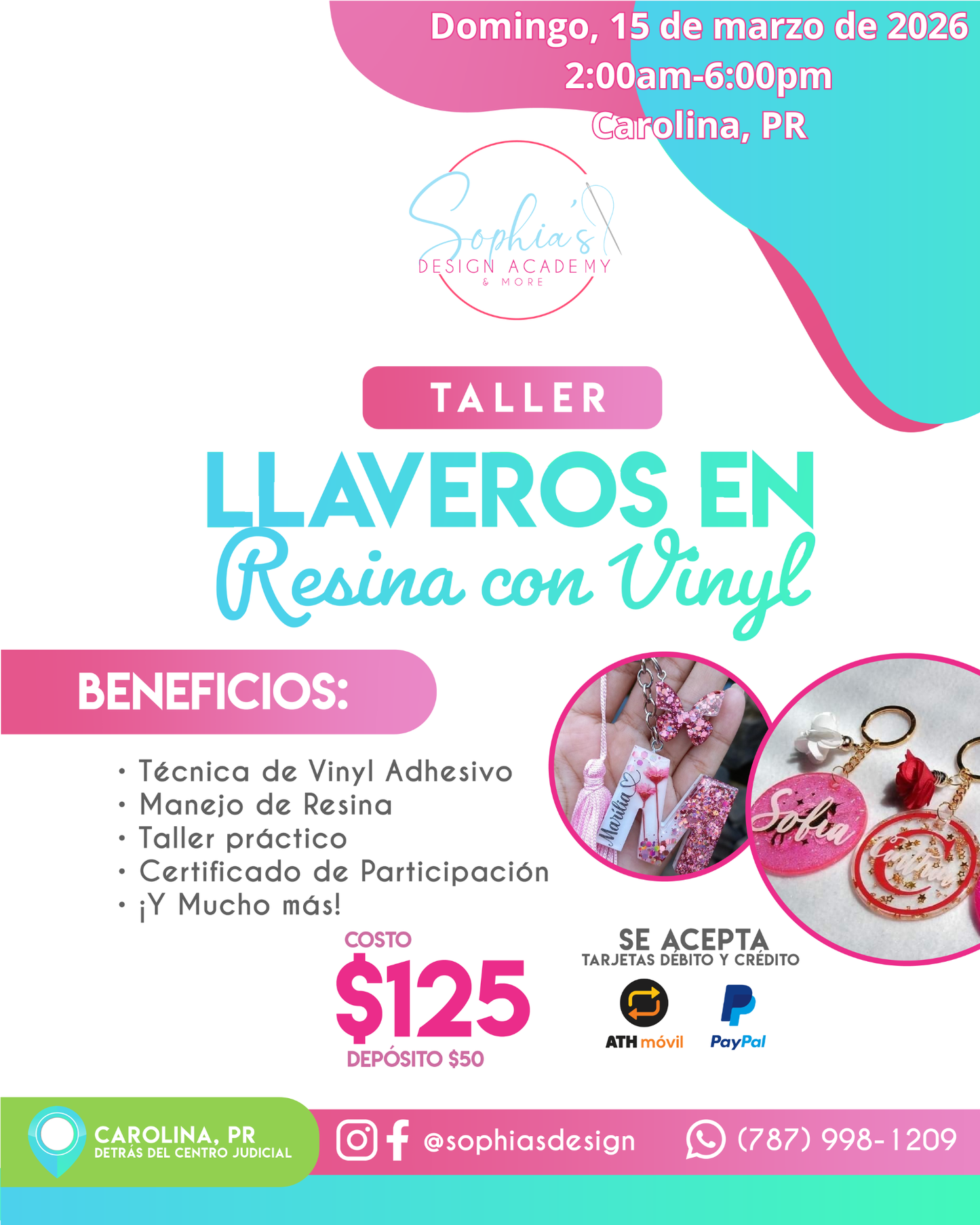 Taller Llaveros en Resina con Vinyl - Domingo 15 de marzo 2026 (2:00 p.m. - 6:00p.m.)