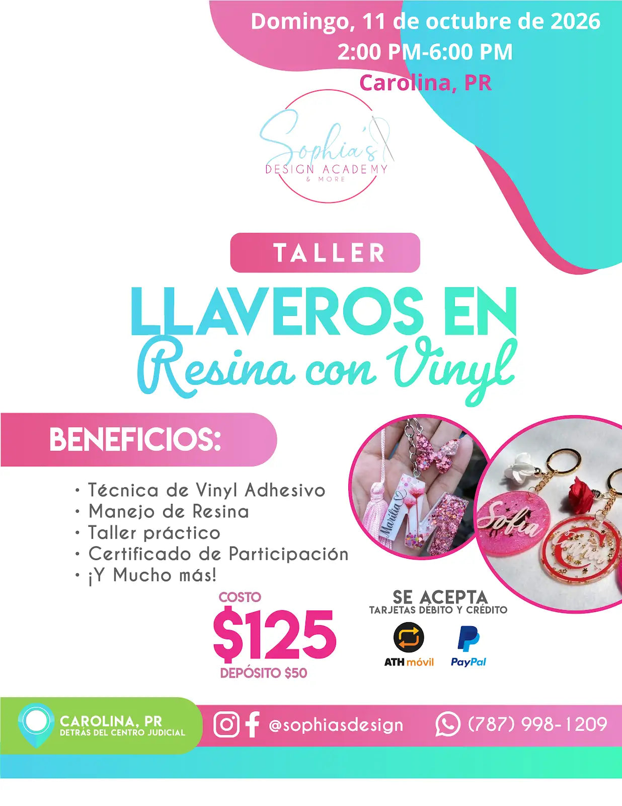 Taller Llaveros en Resina con Vinyl - Domingo 11 de octubre de 2026 - (2:00 pm - 6:00 pm)